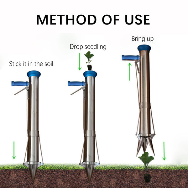 Agrotool PlantPro Manueller Gemüsesämling-Pflanzer | Ergonomisches Umpflanz-Werkzeug | Edelstahl | 92 cm Länge
