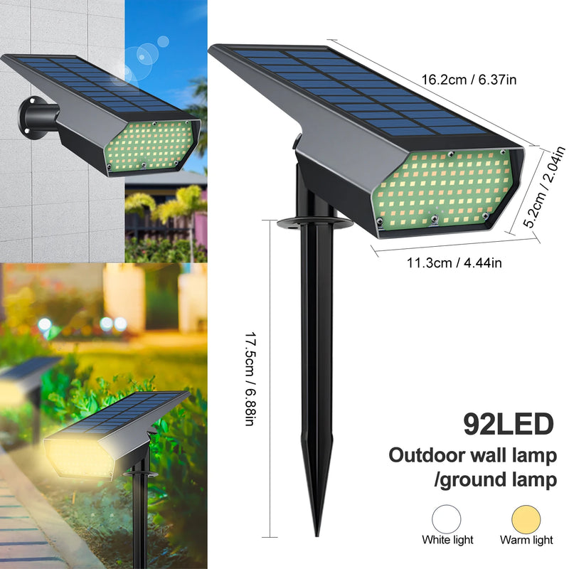 Solar-Spotlight LumiYard 92LED | 2-farbige Gartenbeleuchtung (Warm-/Kaltweiß) | IP65 Wasserdicht & Automatischer Dämmerungssensor