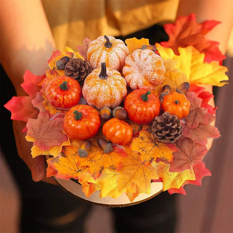 Herbst-Deko Set AutumnGlow | 50-teilig | Mini-Kürbisse, Zapfen, Eicheln & Blätter | Für Halloween & Thanksgiving