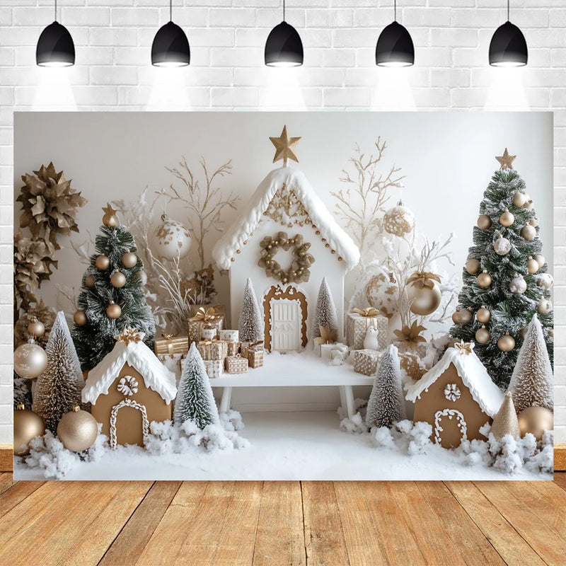 Holvinea | Weihnachts-Fotohintergrund | Miniatur-Weihnachtshaus & Baum | Kinder & Familien Portrait Deko | Vinyl/Polyester/Flock | 300×200 cm