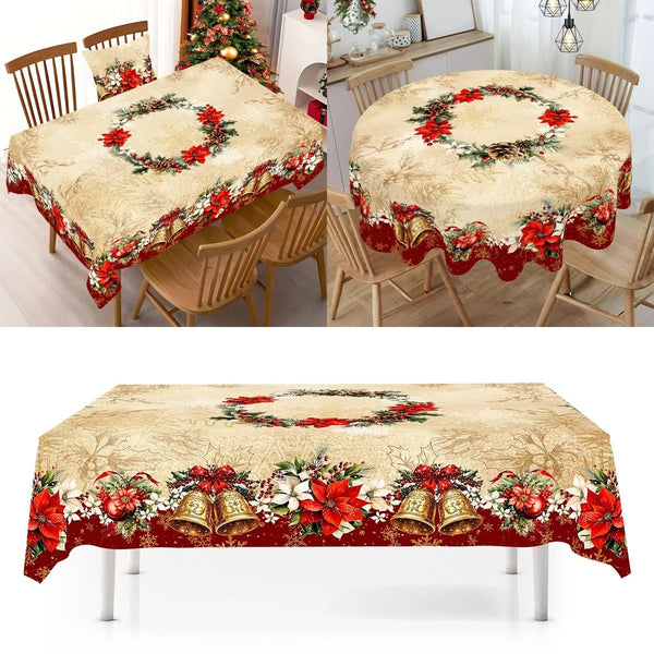 Weihnachtstischdecke PoinsettiaBell | Vintage Weihnachtsstern & Glocken Motiv | Rund 150 cm / Rechteckig 180×140 cm | Festliche Tischdekoration