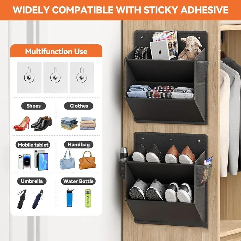 Spacevo Hängendes Schuhregal mit Klebestreifen | Tiefe Fächer & Edelstahlrahmen | Platzsparende Aufbewahrung für Tür, Camper & Schrank – 46,5×42,9×16,5 cm