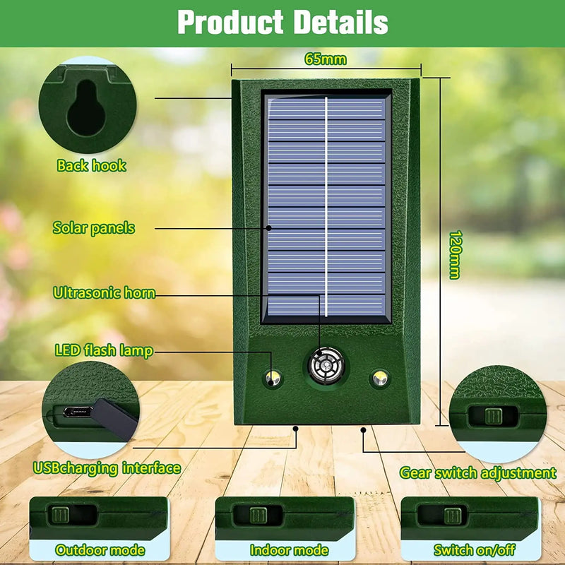 SolarGuardix Ultraschall Vogelvertreiber Solar | Mit LED & Bewegungsmelder | Wasserdicht IP58 | 600 m² Abdeckung