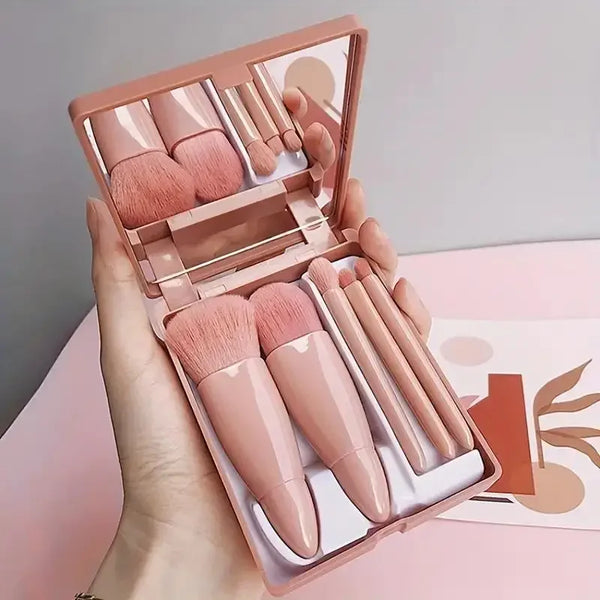 GlamoraGo Reise-Make-up-Pinsel Set | 5-teilig mit Etui & Spiegel | Kompakt & staubgeschützt | 11 × 8 cm