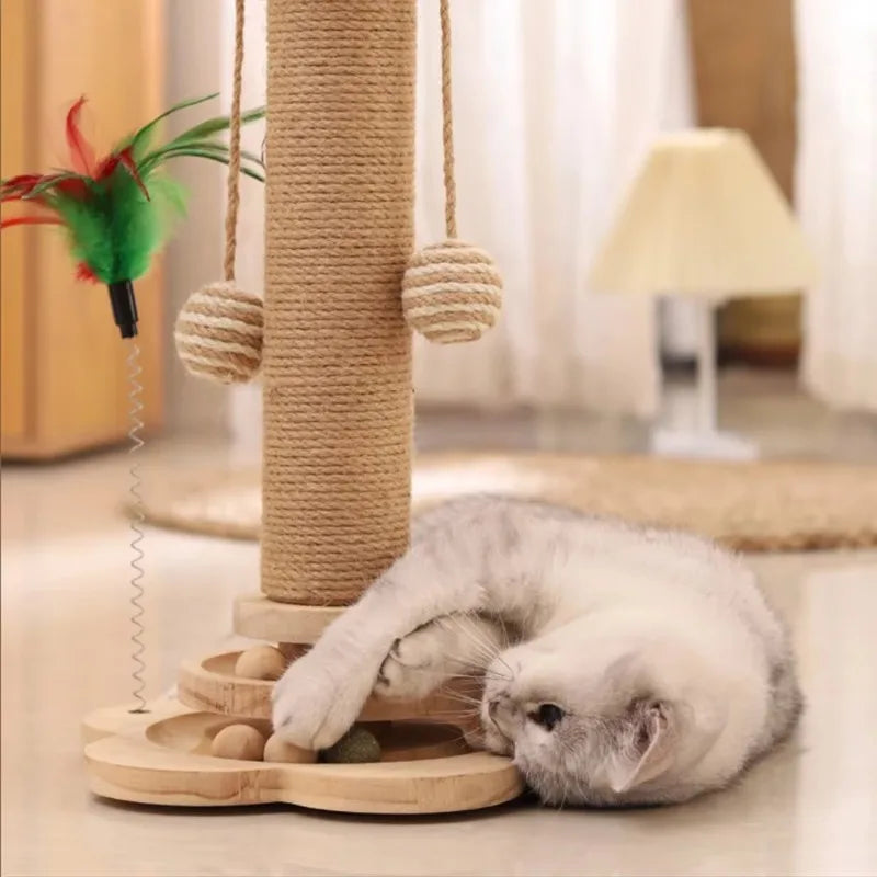 KratziFun | Sisal-Kratzbrett mit Drehscheibe & Spielbällen | Massivholz Katzen-Spielzeug | Kratzbrett & Kletterrahmen in einem | 40 × 24 cm