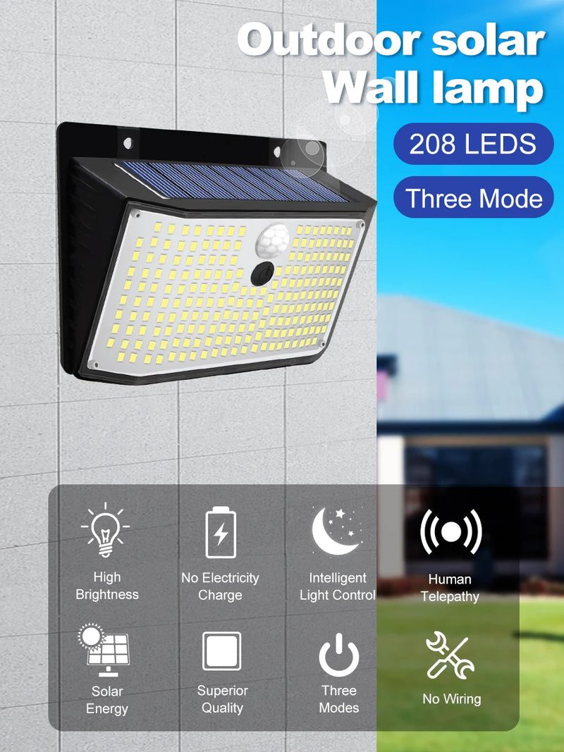 Solar-Wandleuchte Solayra 208LED | Bewegungsmelder & 3 Leuchtmodi | 30 m² Beleuchtungsfläche | IP65 Wetterfest
