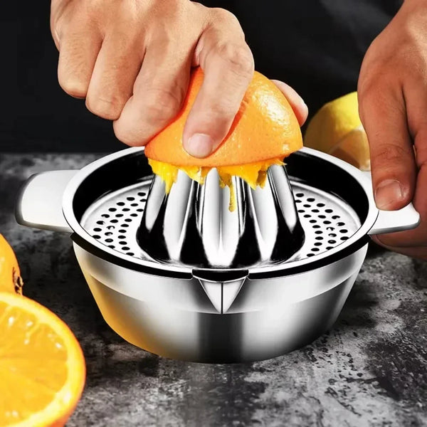 Pressilo Manuelle Zitruspresse aus Edelstahl | Handentsafter für Zitrone, Orange & Limette | Tragbar & Spülmaschinengeeignet | Für Küche & unterwegs