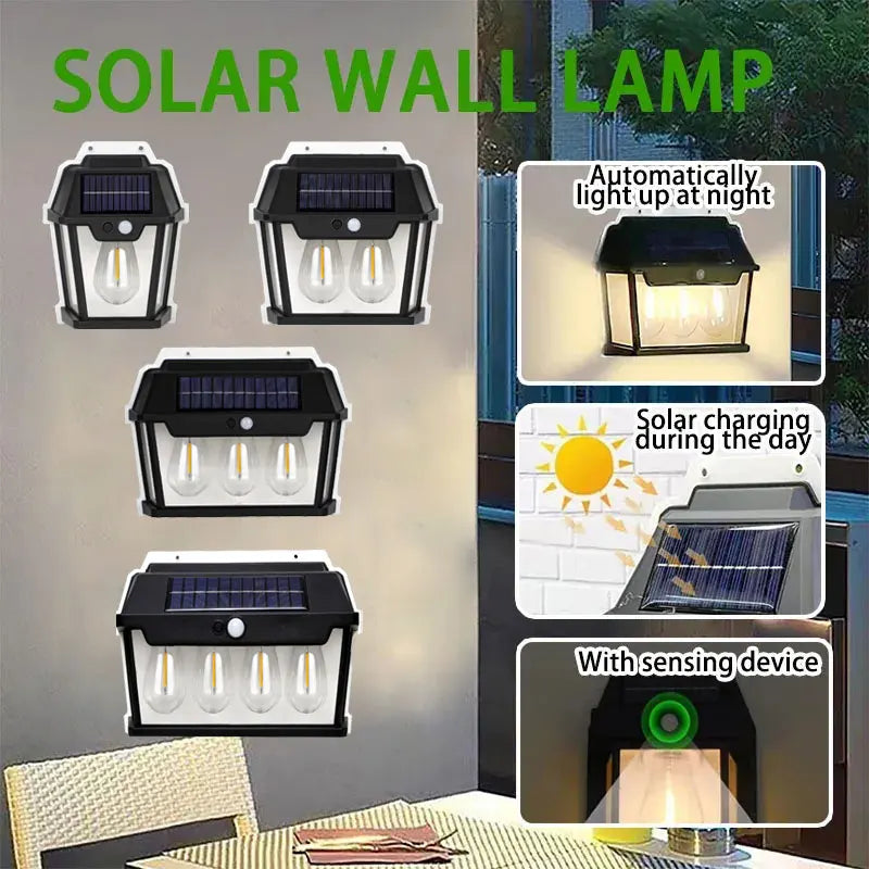 SolaraLux Solar Wandleuchte mit Bewegungsmelder | LED Filament Licht | Wasserdicht IP65 | 3 Modi | 500 Lumen | Warmweiß