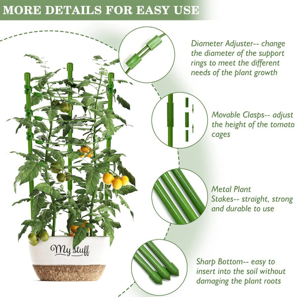 Plantorix FlexCage 90 Verstellbarer Tomatenkäfig 90 cm | Pflanzenstütze mit 4 Ringen & Clips | Für Kletterpflanzen, Gurken, Paprika & Blumen