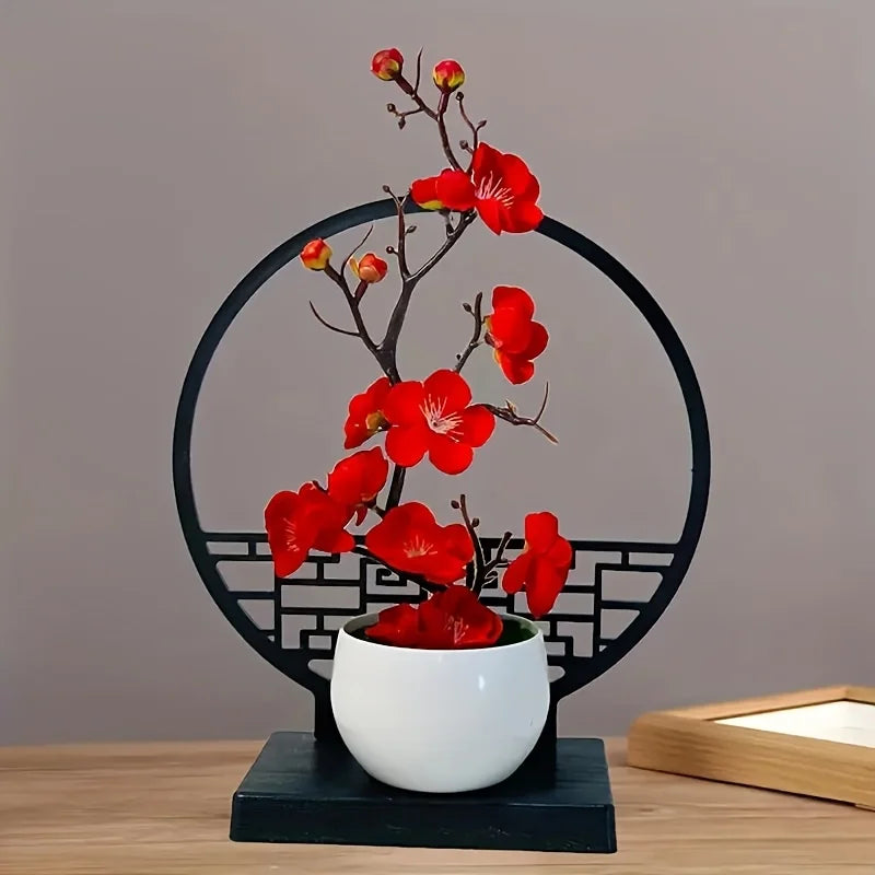 Kunst-Bonsai PlumElegance | Pflaumenblüten-Design | Mit dekorativem Paravent-Sockel | 32 cm Tischdeko