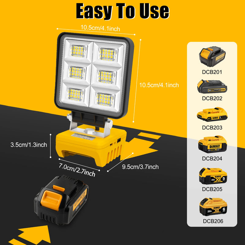 PowerLuma 48 LED Arbeitsleuchte | 48W Akku-Baustrahler | 5200 Lumen | USB-C Ladeanschluss | Für DeWalt-Akkus (ohne Akku)
