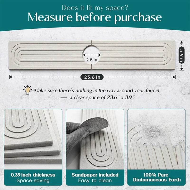 Dryomi SinkGuard Wasserabsorbierende Waschbeckenmatte 60 x 10 cm | Diatomit-Material | Spritzschutz & Ablage für Küche & Bad