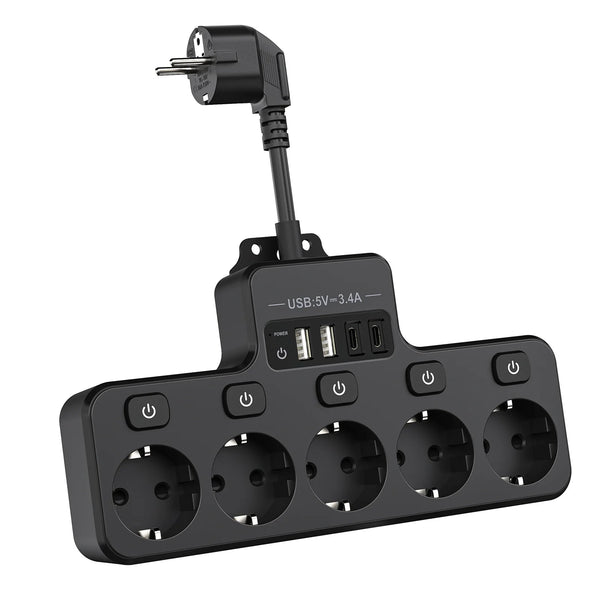 Voltaro Pro 9-in-1 | Steckdosenleiste EU | 5 AC Steckplätze + 4 USB (2× Typ-C) | Einzelschalter | 16A | Kurz-Kabel 10 cm