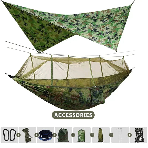 Skyrelax Doppel-Hängematte 260×140 cm mit Moskitonetz & Regendach | Ultraleicht & Tragbar | Für Camping, Wandern & Reisen