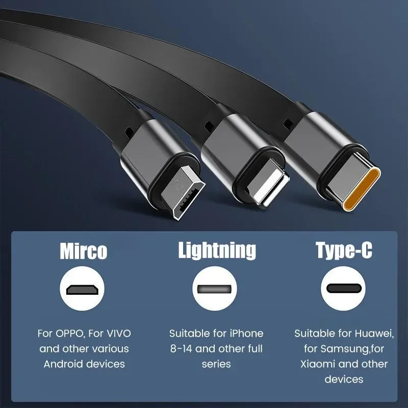 3-in-1 Ladekabel | Schnellladung 100W | Ausziehbar & Universell | FlexiCharge für iPhone, Android & USB-C