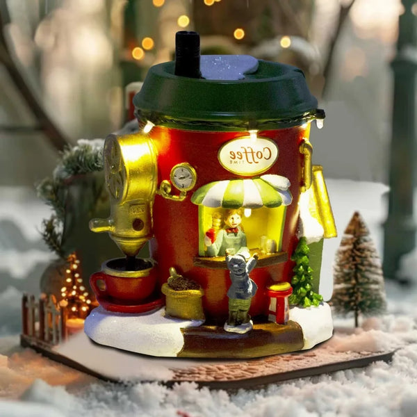 ArcticBrew Weihnachtsdorf Nordpol Kaffeehaus | LED-Beleuchtung & Figuren | Handgefertigtes Dekohaus aus Resin | Batteriebetrieben 13×10×15,5 cm