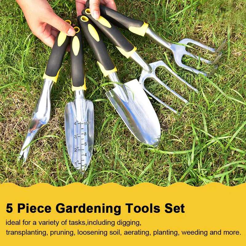 TerraForte Tools Gartenwerkzeug Set 5-tlg. | Ergonomisch & Rostfrei | Mit Handschuhen & Tiefenskala | Edelstahl