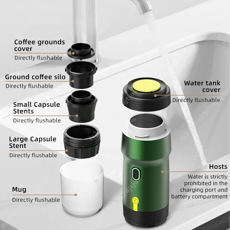 Tragbare Espressomaschine | 3-in-1 Kapsel & Pulver | 15 Bar Druck | Für Auto, Reise & Zuhause