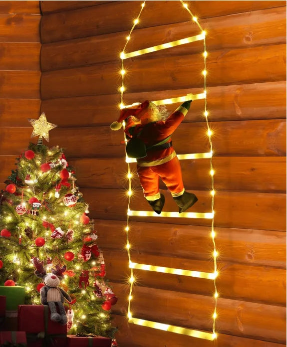 Winterlicht | LED-Weihnachtsdeko | Kletternder Weihnachtsmann mit Leiter | 1,5 m / 3 m | 8 Leuchtmodi | USB