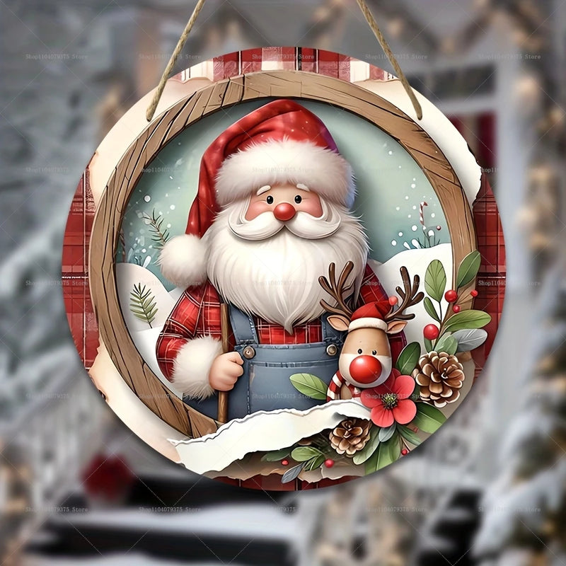 Weihnachtsschild Holz | Runder Hänger mit Schneemann & Weihnachtsmann | Tür- & Wanddeko