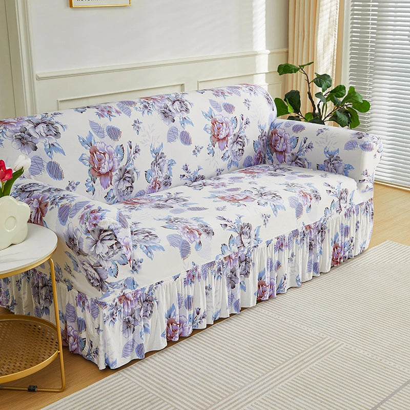 Floravelle | Sofaüberwurf mit Blumendesign | Rutschfest & Elastisch | Mit dekorativem Volant | Waschbarer Sofabezug