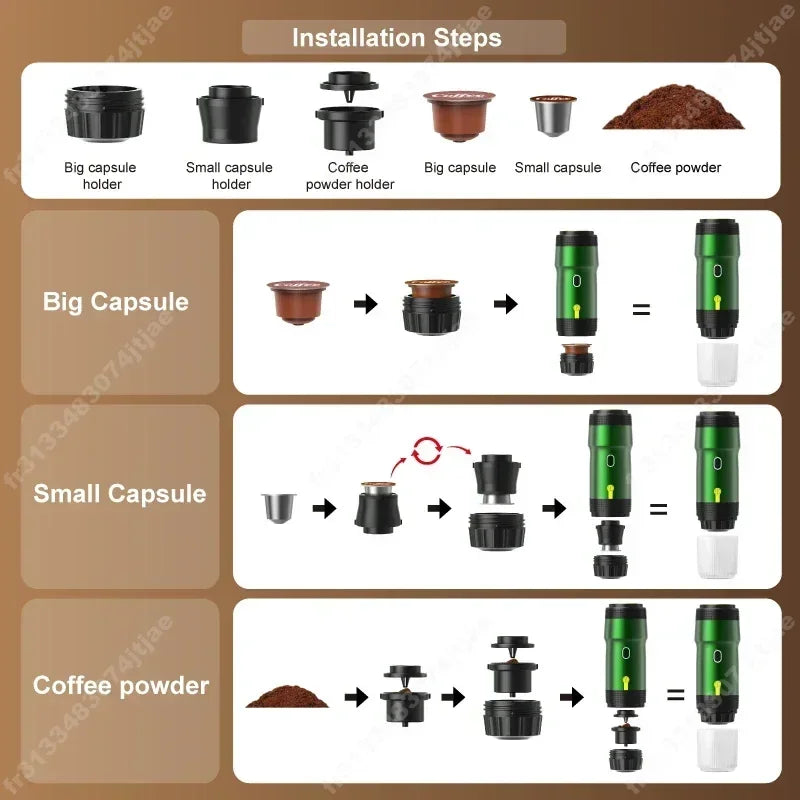 Tragbare Espressomaschine | 3-in-1 Kapsel & Pulver | 15 Bar Druck | Für Auto, Reise & Zuhause