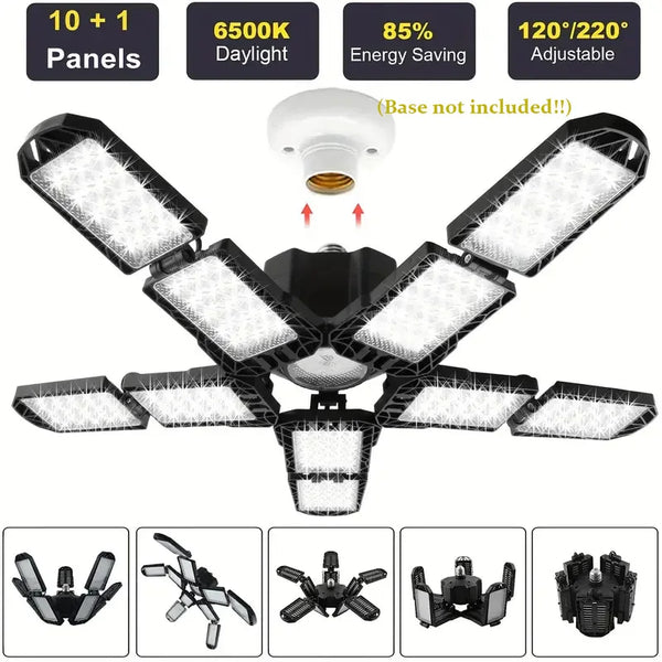 LUMIFLEX LED Garagenlampe | Faltbare Deckenleuchte mit 3–12 verstellbaren Panels | E27-Sockel | 6500K Tageslicht – Für Werkstatt, Lager & Garage