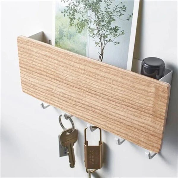 KeyNest Wand-Organizer | Bambus Schlüsselbrett mit Haken | Rechteckige Wandgarderobe für Schlüssel, Jacken & Accessoires