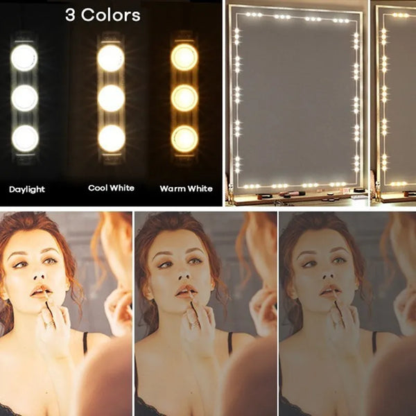 GlamAura Schminkspiegel LED-Licht | 3 Farbmodi & 10 Helligkeitsstufen | 60 LEDs | Selbstklebend & Dimmbar