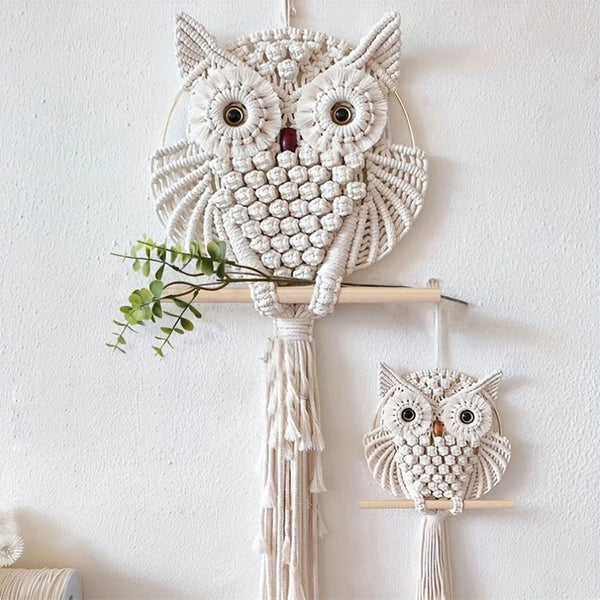 Makramee Eulen-Wandbehang WisdomOwl | Handgefertigt aus Baumwollseil | Boho Deko | 15×45 cm / 30×80 cm