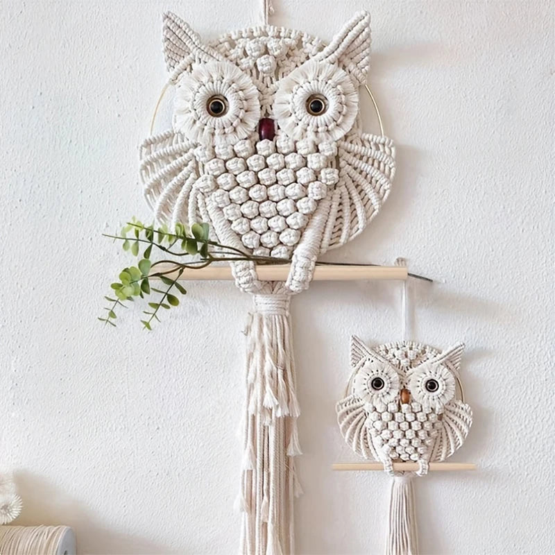 Makramee Eulen-Wandbehang WisdomOwl | Handgefertigt aus Baumwollseil | Boho Deko | 15×45 cm / 30×80 cm