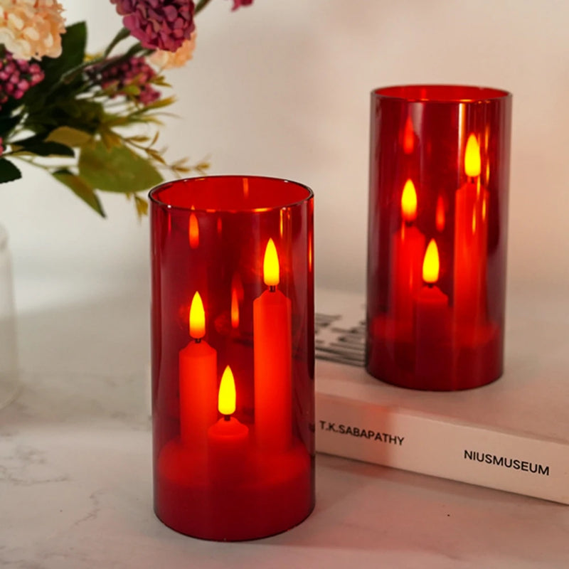 LumièreTrio LED-Stumpenkerze mit 3 Dochten | 7,5 × 15 cm | Fernbedienung & Timer | Flackerndes Warmlicht | Acryl-Design