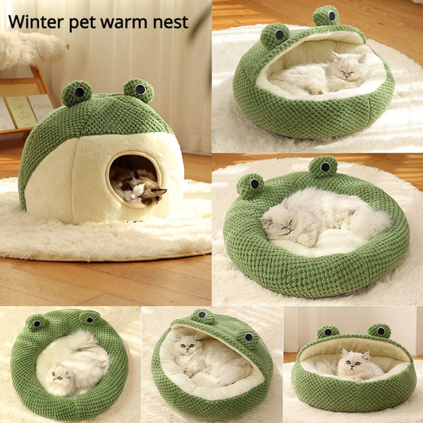 Haustierhöhle FroggiHome | Kuscheliges Frosch-Design | Halbgeschlossen & Rund | 40–50 cm | Für Katzen & kleine Hunde