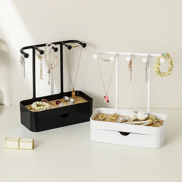 Eleganzia | Schmuck-Organizer mit Holzablage | Schmuckständer für Ohrringe, Armbänder, Halsketten & Ringe | 23 × 10,2 × 21,1 cm