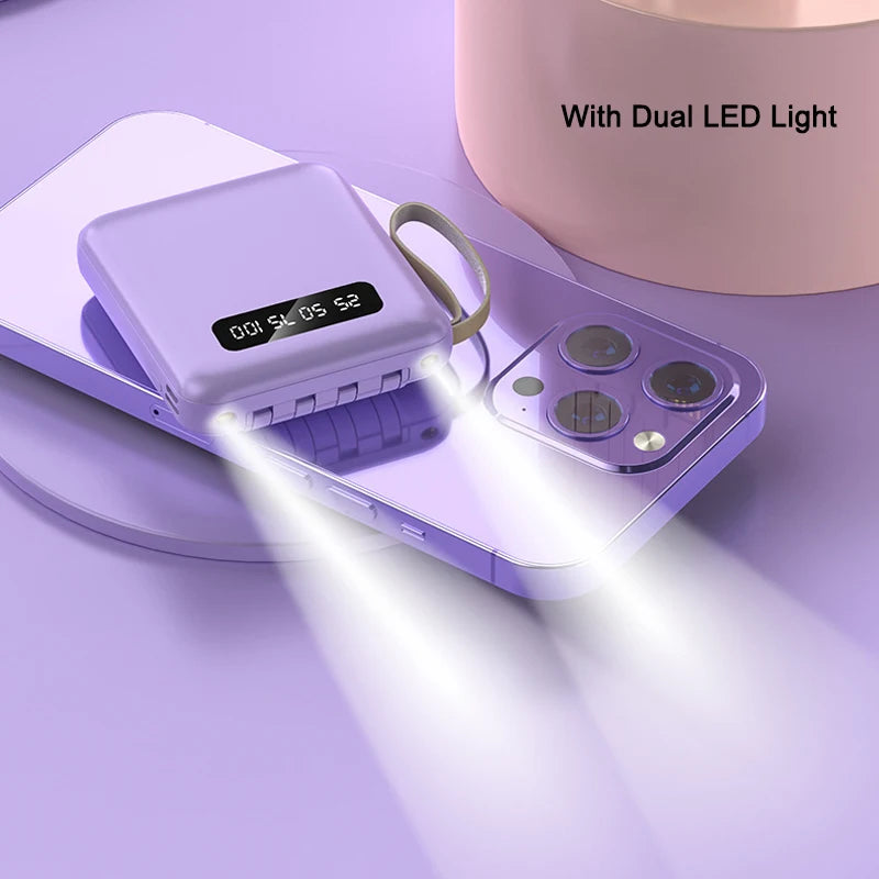 Mini-Powerbank mit Spiegel-Display | 20.000 mAh | Schnellladefunktion & integrierte Kabel | Für iPhone, Samsung, Xiaomi & mehr