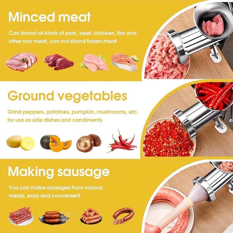 Handkurbel-Fleischwolf MeatMaster ProManuell | Edelstahl mit Tischklemme | Für Fleisch, Gemüse & Wurstfüllung | 20×15 cm