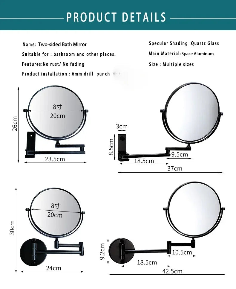 VisioLux Schminkspiegel | 8 Zoll Wandspiegel | Beidseitig & Vergrößerung | Aluminium Schwarz