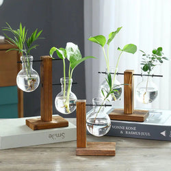 Naturiva Design Glasvase mit Holzrahmen | Für Schnittblumen & Hydrokultur | Skandinavischer Stil | 3-teiliges Set