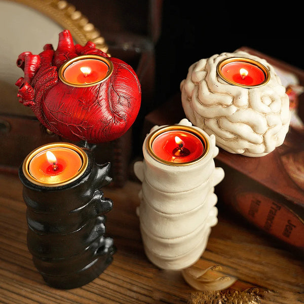 Halloween Scary Candle Holder Heart Brain Simulation Model Retro Horror Decoration Props, Spooky Festival Sensory Decor Supplies