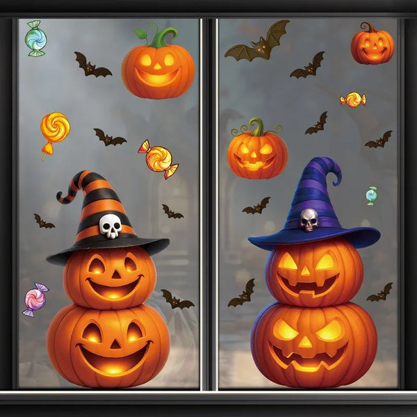 Fensteraufkleber SpookyPumpkins | Halloween Deko Sticker | Kürbis, Katze & Geist | Wiederverwendbar & statisch haftend