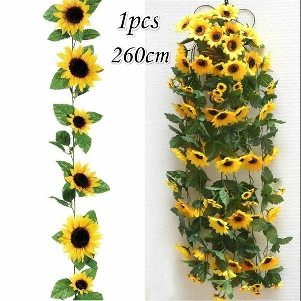 Floraviva SunVine Sonnenblumen-Girlande Künstlich | 2,6 m Länge | 12 Blüten Ø 8 cm | Für Hochzeit, Balkon & DIY-Deko