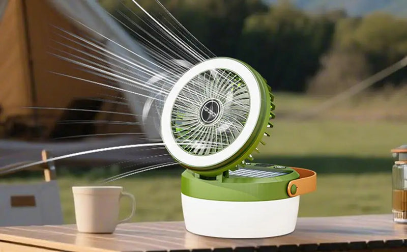 SolAiro Faltbare Solar-Campinglaterne mit Ventilator 12 × 12 cm | 2‑in‑1 Zeltlampe & Kühlventilator mit 4 Leuchtmodi | USB & Solar aufladbare Outdoor-Kombination