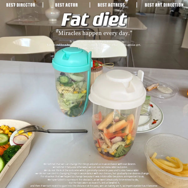 Salatto Salat-to-go Becher 1000 ml | Flaschenförmige Lunchbox mit Gabel & Saucenbehälter | Tragbar & Lebensmittelecht | Weiß/Grün