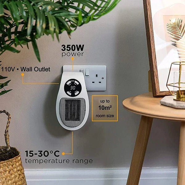 ThermoEase 350W Kompakt-Heizgerät | Wandsteckdosen-Heizung mit Fernbedienung | LED-Display & Timer | 180° Drehstecker