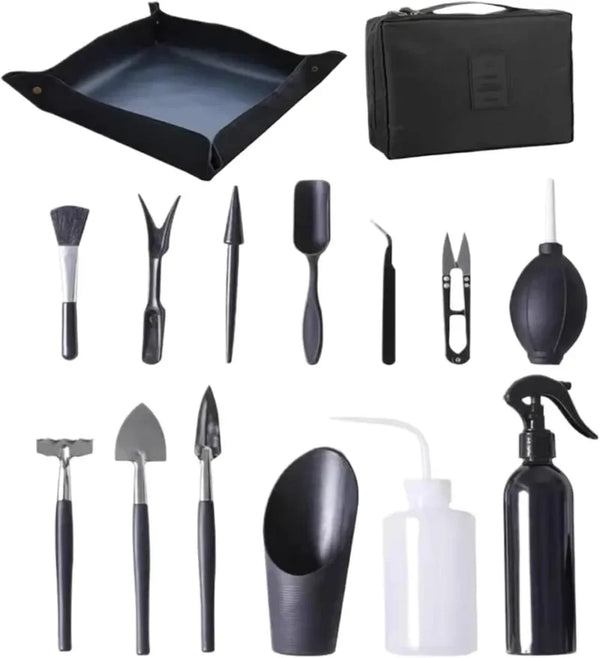 Florinza MicroGarden Set 15-teiliges Bonsai- & Sukkulenten Gartenwerkzeug-Set | Mit Tasche & Pflanzmatte | Für Umtopfen, Schneiden & Pflegen
