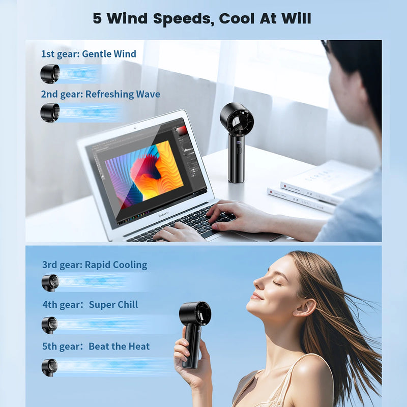 Aeriolo Tragbarer Handventilator mit 4000 mAh Akku | 5 Stufen & 100 Intensitätslevel | Digitalanzeige & Doppel-Luftstrom für Outdoor & Reisen