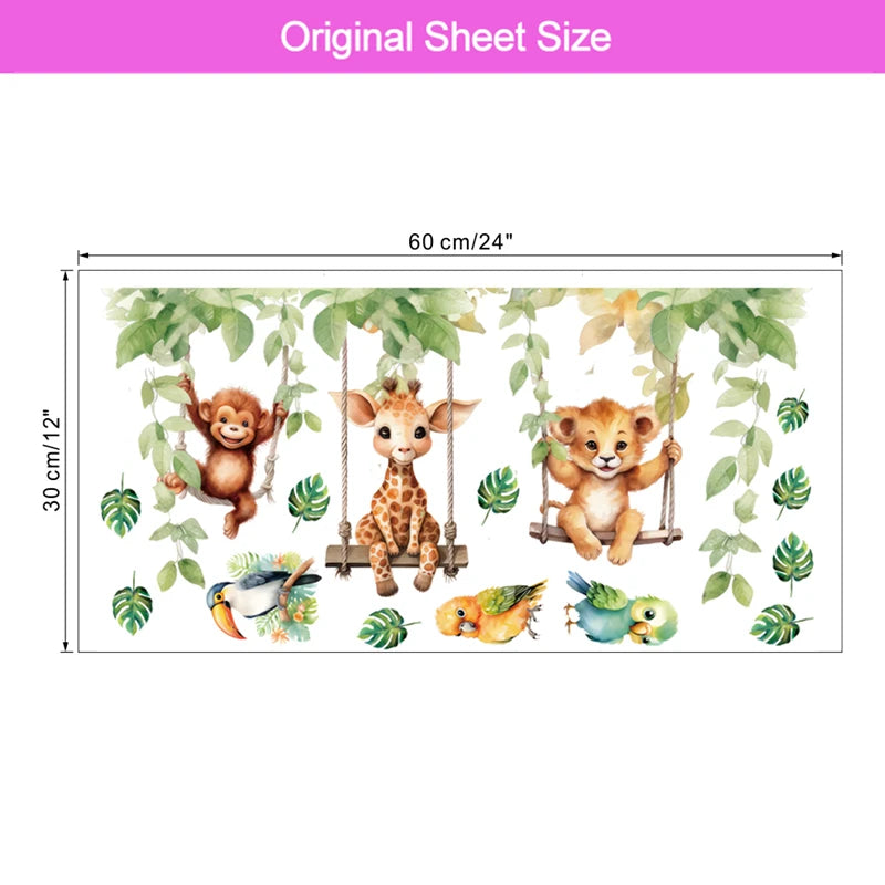 Wandolino JungleSwing Wandsticker Tiere schwingen am Ast | Lustige Dschungel-Tierdeko für Kinderzimmer