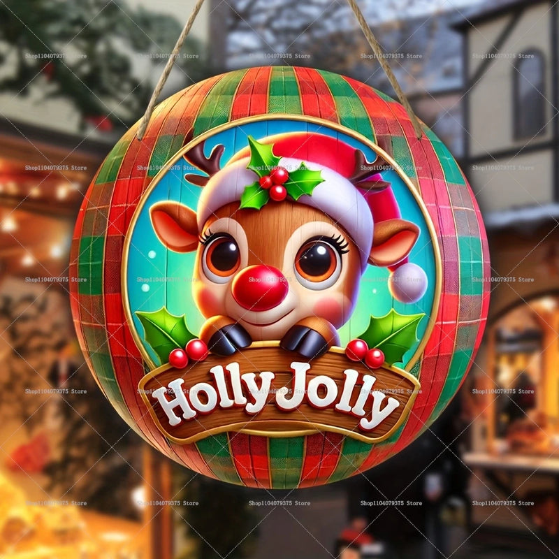 Weihnachtsschild Holz | Runder Hänger mit Schneemann & Weihnachtsmann | Tür- & Wanddeko