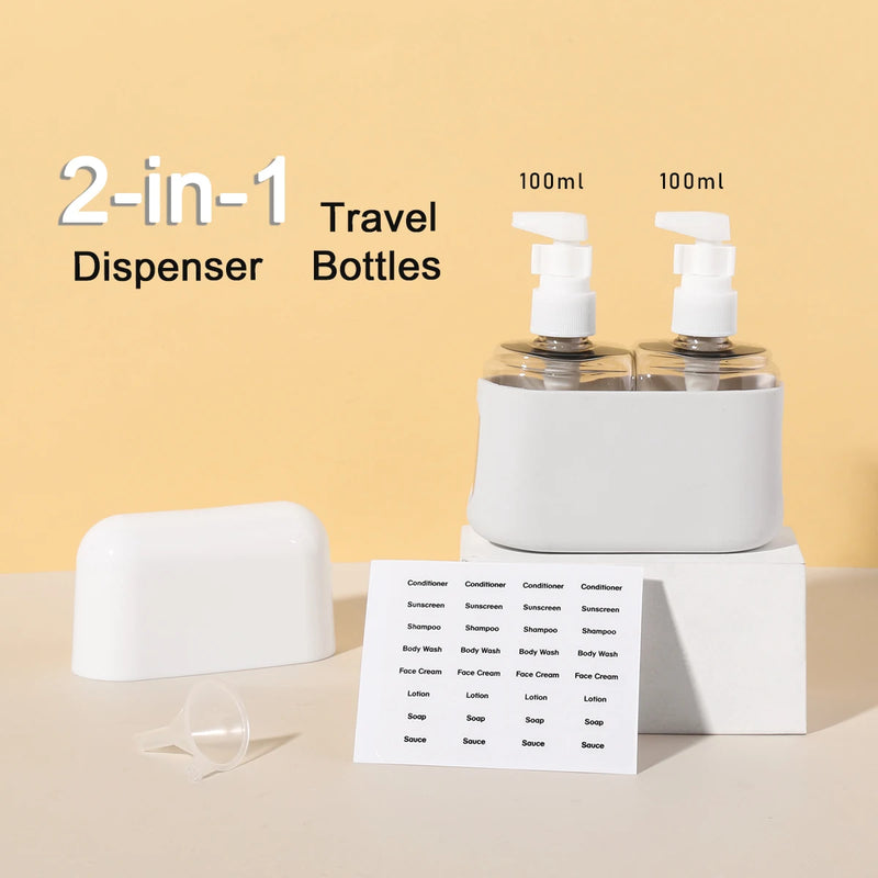 FlexiFill Reiseflaschen Set 2-in-1 | 100 ml Kombiflasche mit Trichter & Etiketten | Für Shampoo, Duschgel, Lotion | Auslaufsicher & TSA-konform