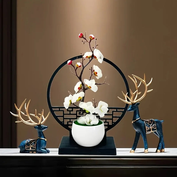 Kunst-Bonsai PlumElegance | Pflaumenblüten-Design | Mit dekorativem Paravent-Sockel | 32 cm Tischdeko